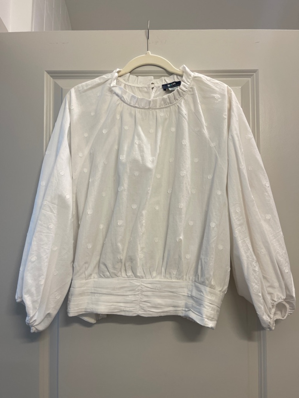Maeve Anthropologie White Swiss Dot Ruffle-Neck Blouse